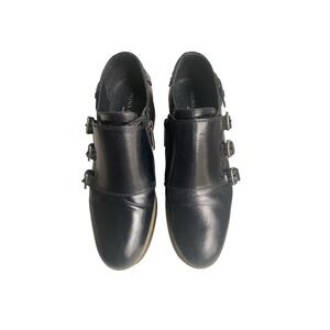 Pons Quintana Black Leather Flat Wedge Shoes Triple Buckle Sz7